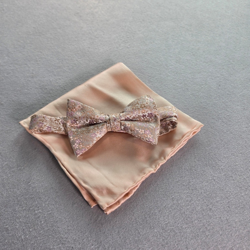 Egara Mens Floral Brocade Bow Tie and 100% Silk Pocket Square Set Champagne Rose